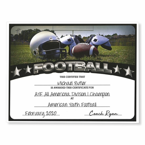 8-1/2 x 11 INCH FOOTBALL CERTIFICATE