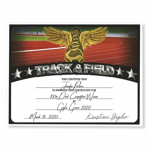 8-1/2 x 11 INCH TRACK AND FIELD CERTIFICATE