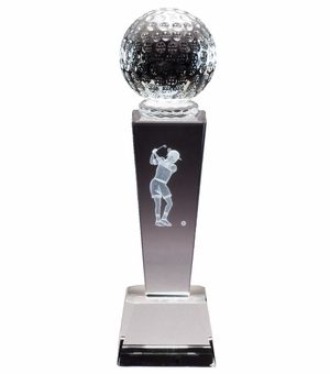 8 1/2" x 2 1/2" GOLF FEMALE CRYSTAL TROPHY LASER ENGRAVED GOLFER INSIDE CRYSTAL