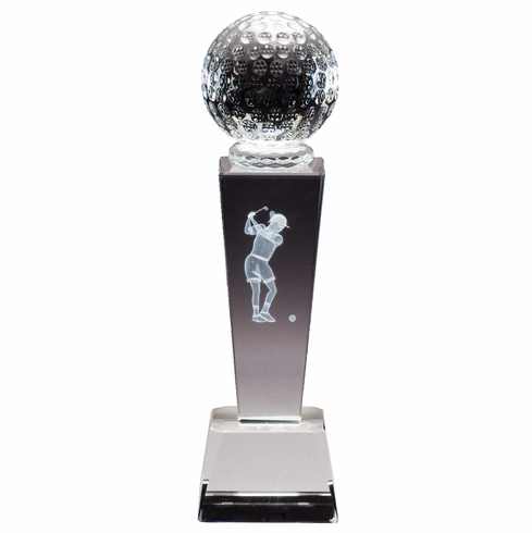 8 1/2" x 2 1/2" GOLF FEMALE CRYSTAL TROPHY LASER ENGRAVED GOLFER INSIDE CRYSTAL
