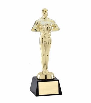 8-1/2 X 2-1/4 INCH BRIGHT GOLD POLISHED METAL ACHIEVEMENT TROPHY ON OPTICAL BLACK CRYSTAL BASE