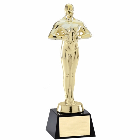 8-1/2 X 2-1/4 INCH BRIGHT GOLD POLISHED METAL ACHIEVEMENT TROPHY ON OPTICAL BLACK CRYSTAL BASE