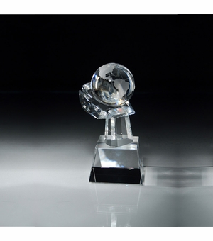 8 1/2"x 3 1/2" CRYSTAL GLOBE IN HAND ON SLANTED BLACK BASE 