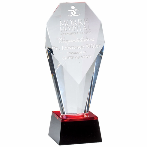 8-1/2 x 3-3/4 OPTICAL RED TINT CRYSTAL SLANTED TOWER AWARD ON BLACK BASE