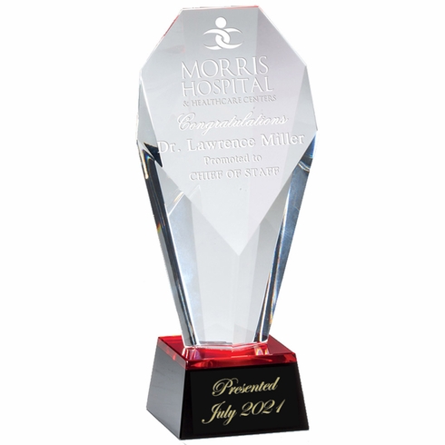 8-1/2 x 3-3/4 OPTICAL RED TINT CRYSTAL SLANTED TOWER AWARD ON BLACK BASE