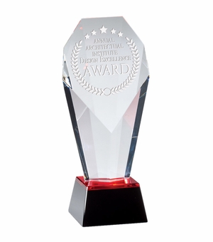 8-1/2 x 3-3/4 OPTICAL RED TINT CRYSTAL SLANTED TOWER AWARD ON BLACK BASE