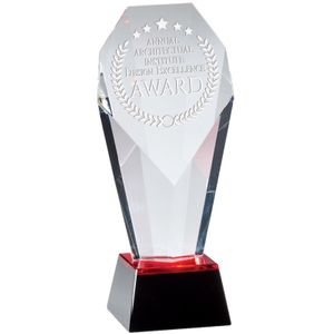 8-1/2 x 3-3/4 OPTICAL RED TINT CRYSTAL SLANTED TOWER AWARD ON BLACK BASE