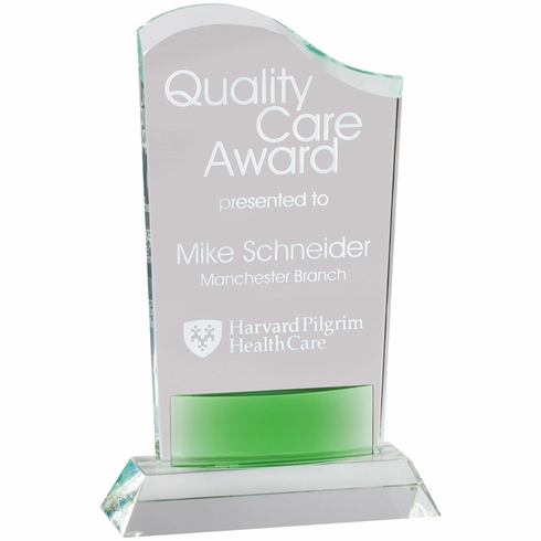 8-1/2 x 5-1/2 INCHES OPTICAL CRYSTAL WAVE AWARD WITH GREEN ACCENT