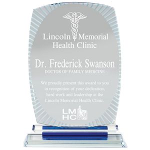 8-1/2 x 5-3/4 AURORA INCH BLUE OPTICAL CRYSTAL AWARD BLUE BASE