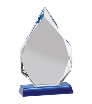8-1/2 x 5 INCH ARROWHEAD OPTICAL CRYSTAL AWARD ON BLUE CRYSTAL BASE