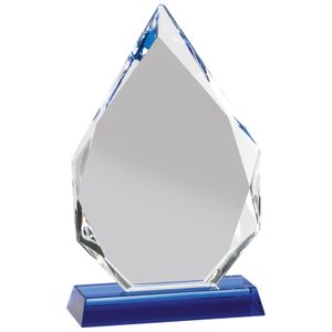 8-1/2 x 5 INCH ARROWHEAD OPTICAL CRYSTAL AWARD ON BLUE CRYSTAL BASE
