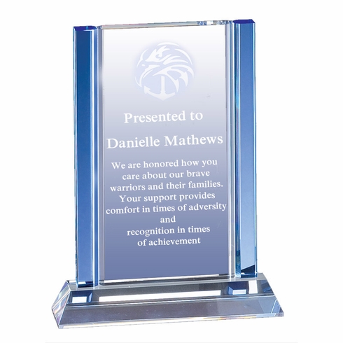 8-1/2 X 6-1/2 INCH BLUE COLUMN OPTICAL CRYSTAL AWARD