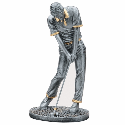 8-1/4" ANTIQUE SILVER MALE GOLFER RESIN TROPHY WITH GOLD ACCENTS