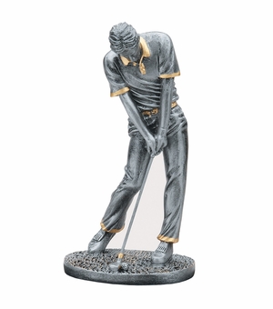 8-1/4" ANTIQUE SILVER MALE GOLFER RESIN TROPHY WITH GOLD ACCENTS