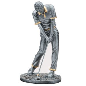 8-1/4" ANTIQUE SILVER MALE GOLFER RESIN TROPHY WITH GOLD ACCENTS