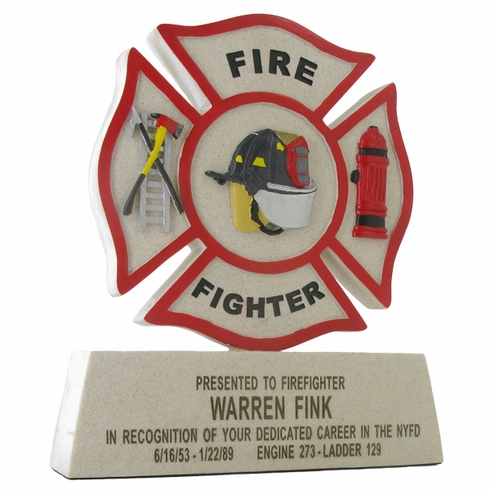 8-1/4 INCH FIRE FIGHTER MALTESE CROSS CAST STONE TROPHY, NO PLATE