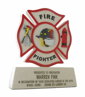 8-1/4 INCH FIRE FIGHTER MALTESE CROSS CAST STONE TROPHY, NO PLATE