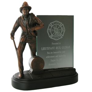 8-1/4 INCH FIREFIGHTER TROPHY FIGURE, ELECTROPLATED IN BRONZE, WITH 4X6 INCH GLASS INSERT