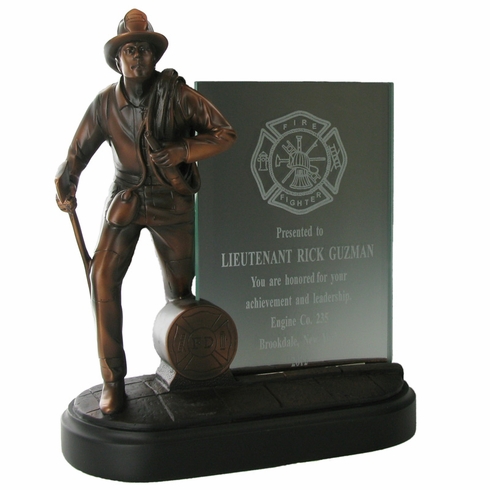 8-1/4 INCH FIREFIGHTER TROPHY FIGURE, ELECTROPLATED IN BRONZE, WITH 4X6 INCH GLASS INSERT