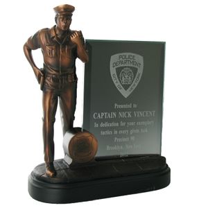 8-1/4 INCH POLICE OFFICER TROPHY, ELECTROPLATED IN BRONZE, WITH 4X6 INCH GLASS INSERT