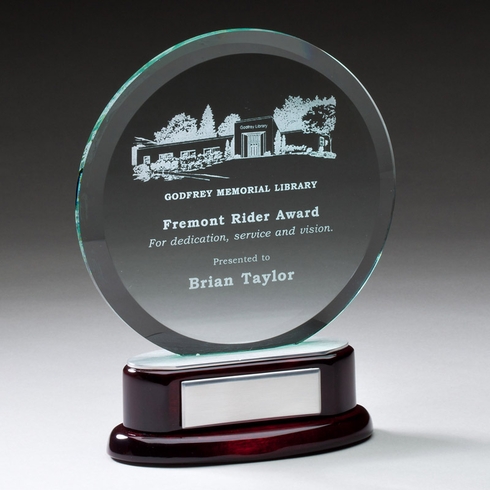 8-1/4 INCH ROUND BEVELED GLASS AWARD ON ROSEWOOD BASE W/ SILVER ENGRAVING PLATE