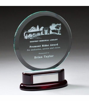 8-1/4 INCH ROUND BEVELED GLASS AWARD ON ROSEWOOD BASE W/ SILVER ENGRAVING PLATE