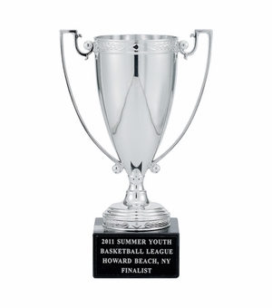 8-1/4 INCH TROPHY WITH 6-3/4 INCH SILVER CUP ON BLACK MARBLE BASE