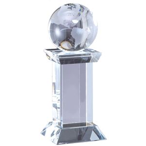 8-1/4 x 3-1/4 INCH OPTICAL CRYSTAL GLOBE TROPHY ON CRYSTAL BASE