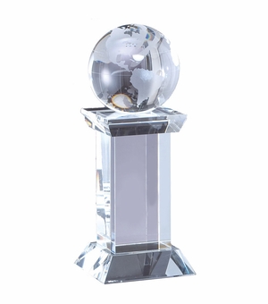 8-1/4 x 3-1/4 INCH OPTICAL CRYSTAL GLOBE TROPHY ON CRYSTAL BASE