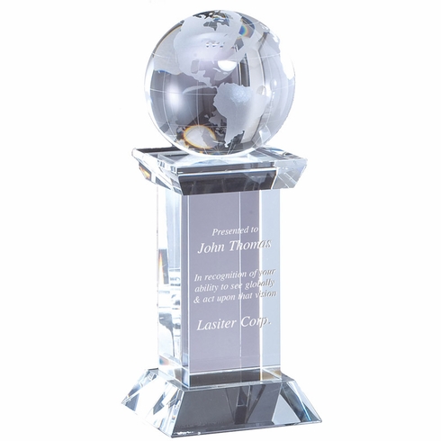8-1/4 x 3-1/4 INCH OPTICAL CRYSTAL GLOBE TROPHY ON CRYSTAL BASE