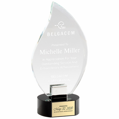 8-1/4 x 4 INCH OPTICAL CRYSTAL FLAME AWARD ON BLACK CRYSTAL BASE