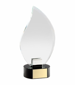 8-1/4 x 4 INCH OPTICAL CRYSTAL FLAME AWARD ON BLACK CRYSTAL BASE