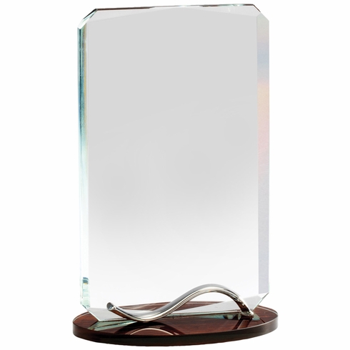 8-1/4 x 5 INCH OPTICAL CRYSTAL RECTANGLE AWARD WITH BEVELED EDGES ON WOOD GRAIN BASE