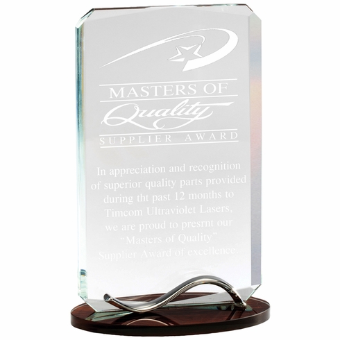 8-1/4 x 5 INCH OPTICAL CRYSTAL RECTANGLE AWARD WITH BEVELED EDGES ON WOOD GRAIN BASE