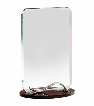 8-1/4 x 5 INCH OPTICAL CRYSTAL RECTANGLE AWARD WITH BEVELED EDGES ON WOOD GRAIN BASE