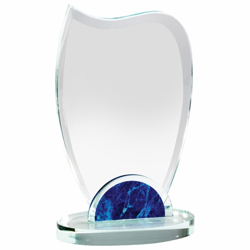 8-1/4 x 5 INCH OPTICAL CRYSTAL WAVE AWARD WITH BLUE MARBLEIZED BASE