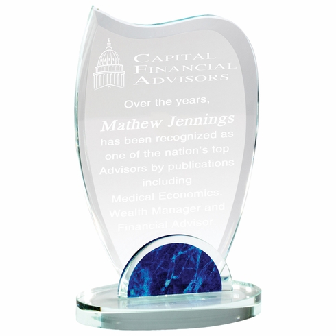 8-1/4 x 5 INCH OPTICAL CRYSTAL WAVE AWARD WITH BLUE MARBLEIZED BASE