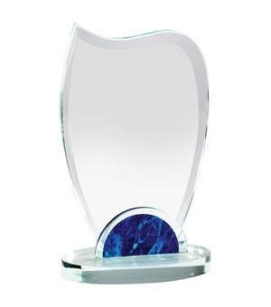 8-1/4 x 5 INCH OPTICAL CRYSTAL WAVE AWARD WITH BLUE MARBLEIZED BASE