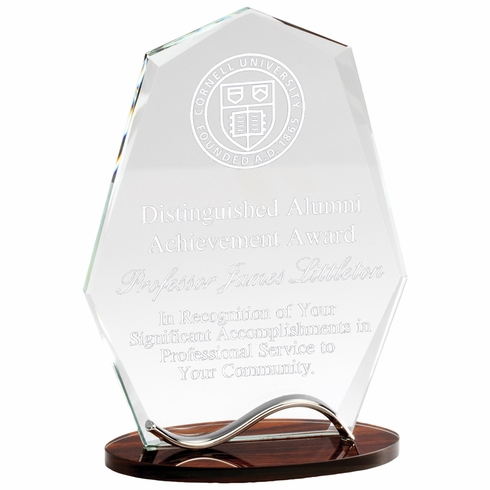 8-1/4 x 6 INCH OPTICAL CRYSTAL ARROW HEAD AWARD WITH BEVELED EDGES ON WOOD GRAIN BASE