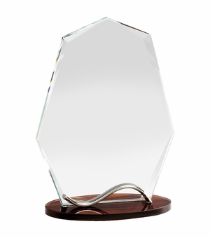 8-1/4 x 6 INCH OPTICAL CRYSTAL ARROW HEAD AWARD WITH BEVELED EDGES ON WOOD GRAIN BASE