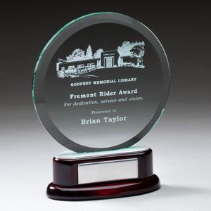 8-1/4 INCH ROUND BEVELED GLASS AWARD ON ROSEWOOD BASE W/ SILVER ENGRAVING PLATE