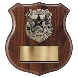8-1/4 X 9 INCH GENUINE WALNUT SHIELD PLAQUE WITH LAW ENFORCEMENT CASTING AND GOLD PLATE