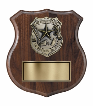 8-1/4 X 9 INCH GENUINE WALNUT SHIELD PLAQUE WITH LAW ENFORCEMENT CASTING AND GOLD PLATE