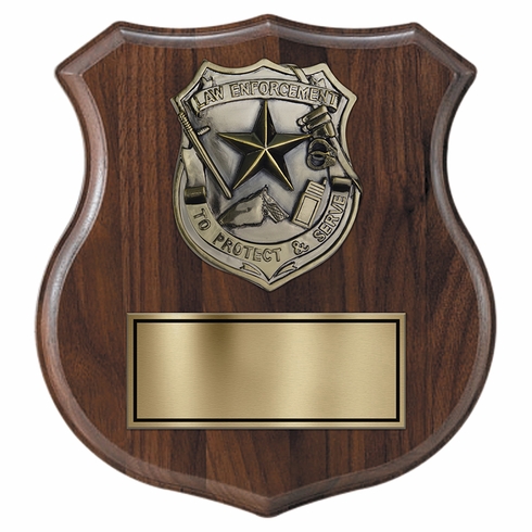 8-1/4 X 9 INCH GENUINE WALNUT SHIELD PLAQUE WITH LAW ENFORCEMENT CASTING AND GOLD PLATE