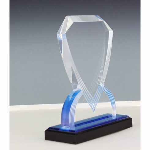 8-3/4 INCH ACRYLIC SHIELD TROPHY WITH BLUE REFLECTIVE BLACK BASE