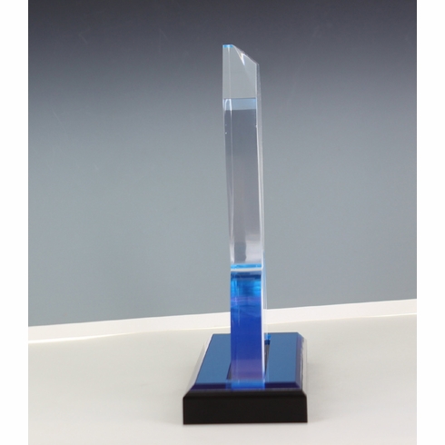 8-3/4 INCH ACRYLIC SHIELD TROPHY WITH BLUE REFLECTIVE BLACK BASE