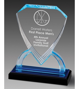 8-3/4 INCH ACRYLIC SHIELD TROPHY WITH BLUE REFLECTIVE BLACK BASE