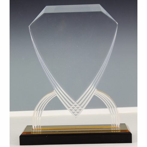  8-3/4 INCH ACRYLIC SHIELD TROPHY WITH GOLD REFLECTIVE BLACK BASE