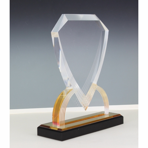  8-3/4 INCH ACRYLIC SHIELD TROPHY WITH GOLD REFLECTIVE BLACK BASE