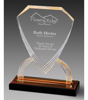  8-3/4 INCH ACRYLIC SHIELD TROPHY WITH GOLD REFLECTIVE BLACK BASE